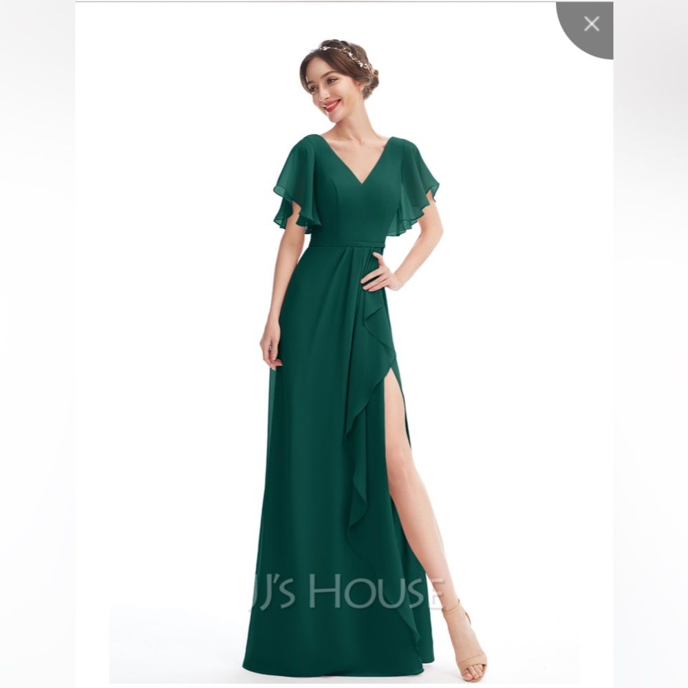 JJs house 254653 chiffon ruffle slit v neck flutter sleeve maxi dress